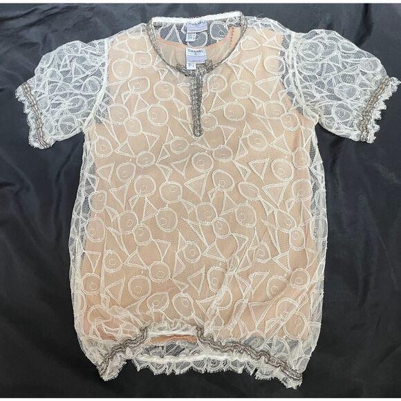 Chanel Fall 2006 Karl Lagerfeld Lace Top & Silk Slip Set | CC Logo Ivory/Ecru 40 - Picture 1 of 16